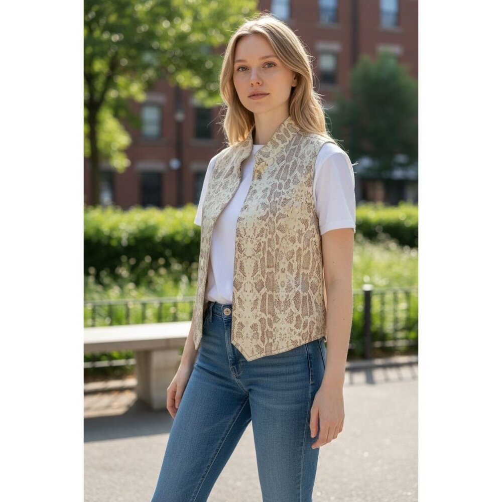 Vintage Paolo Santini Studio Womens 10 Chic Vest Beige Brown Print Made France